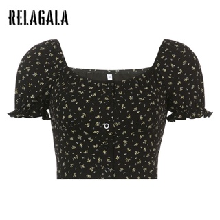 Relagala เสื้อยืดแขนสั้น คอสี่เหลี่ยม แขนพอง ผ้าถัก เข้ารูป เซ็กซี่ แฟชั่นสําหรับผู้หญิง