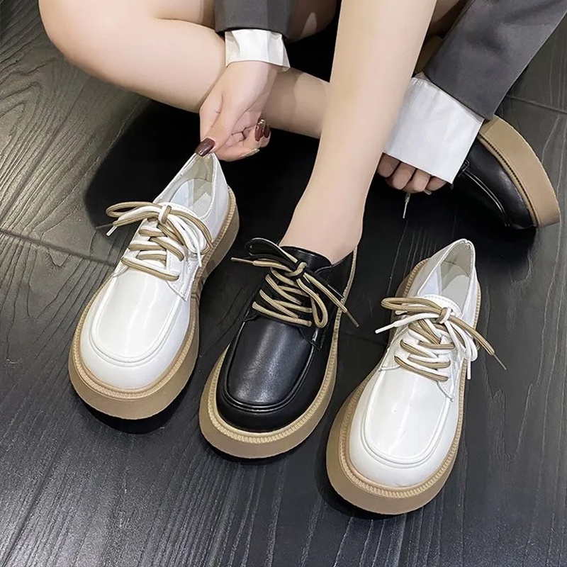 ⚡พร้อมส่ง⚡รองเท้าหนังผู้หญิงพื้นหนาผูกเชือกหัวกลมสวมใส่สบายสไตล์อังกฤษ