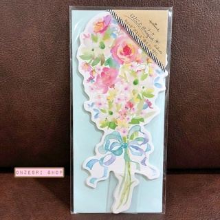 Hitokoto Bouquet Card การ์ดเปล่าลายดอกไม้จาก Hallmark Japan แบบริบบิ้นสีฟ้า ขนาด 17 x 7.7 ซม. มี 8 ชิ้นในเซ็ต