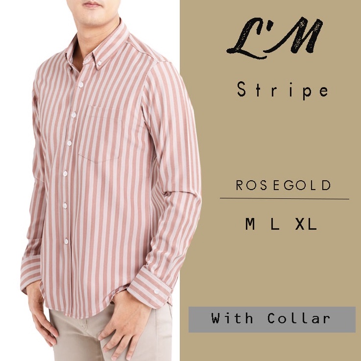 [โค้ดส่วนลด LMOF380 ลด15%] L'M men's styleเสื้อเชิ้ตแขนยาว ผู้ชาย ลายริ้ว สีกรม สีเขียว สีโรสโกลด์ ไสตล์เกาหลี สวมใส่สบา