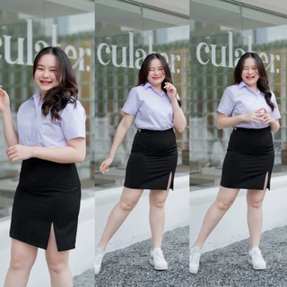 กระโปรงนักศึกษาทรงเอผ่าหน้าไซต์ใหญ่ ทรงเอผ่าหน้าสาวอวบ กระโปรงทรงเอ ผ้าฮานาโกะ สีดำ ผ้ายืด