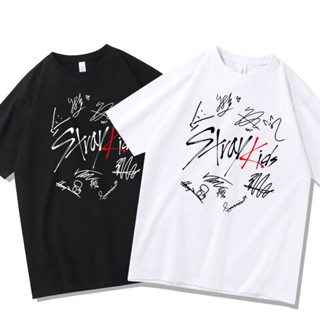 Stray Kids University เสื้อยืดลายเซ็นพิมพ์เสื้อยืดฤดูร้อนสไตล์เกาหลี Ins Top