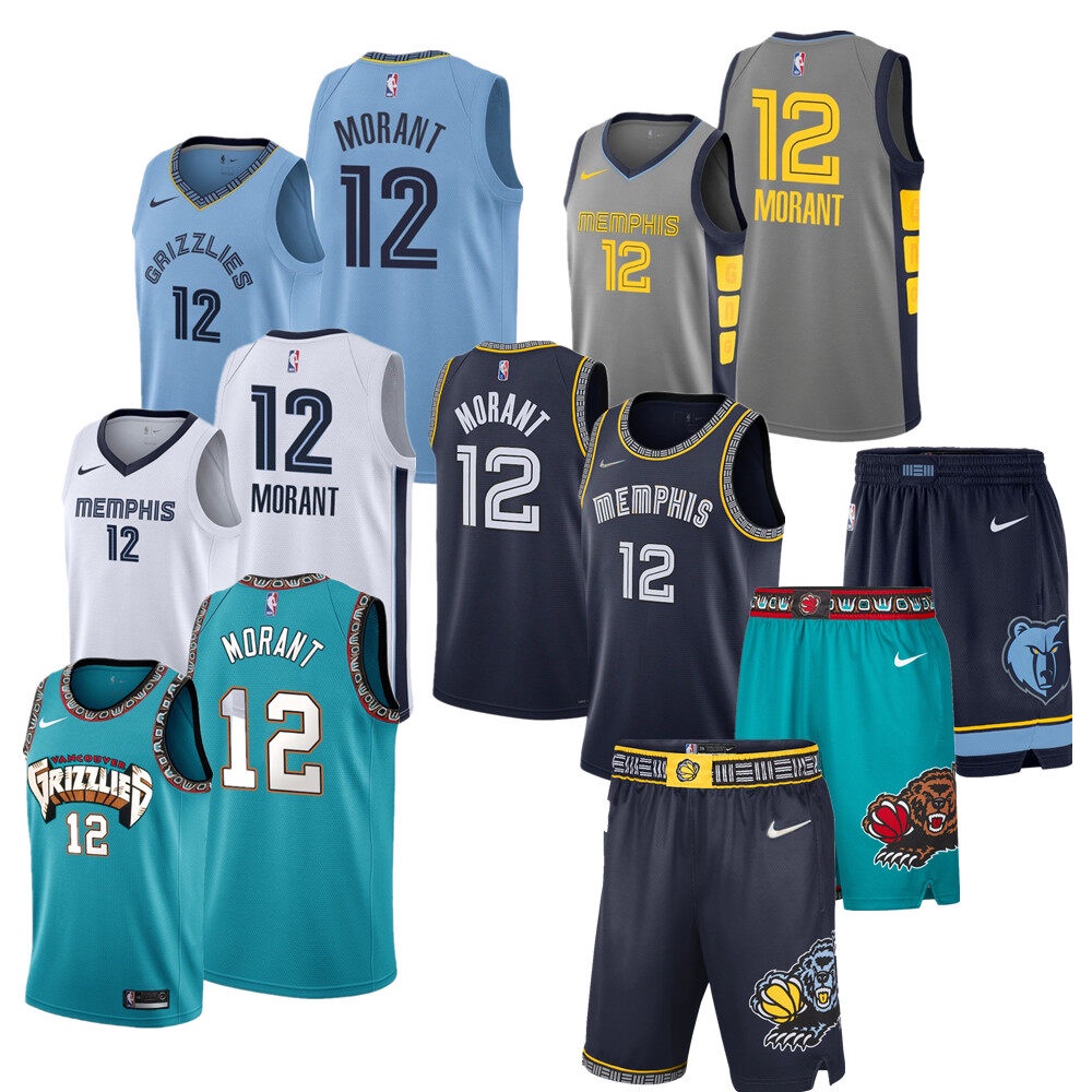 เสื้อกีฬาบาสเก็ตบอล Ja Morant Memphis Grizzlies 2022 #12 เสื้อกีฬาแขนสั้น กางเกงขาสั้น สีฟ้าอ่อน