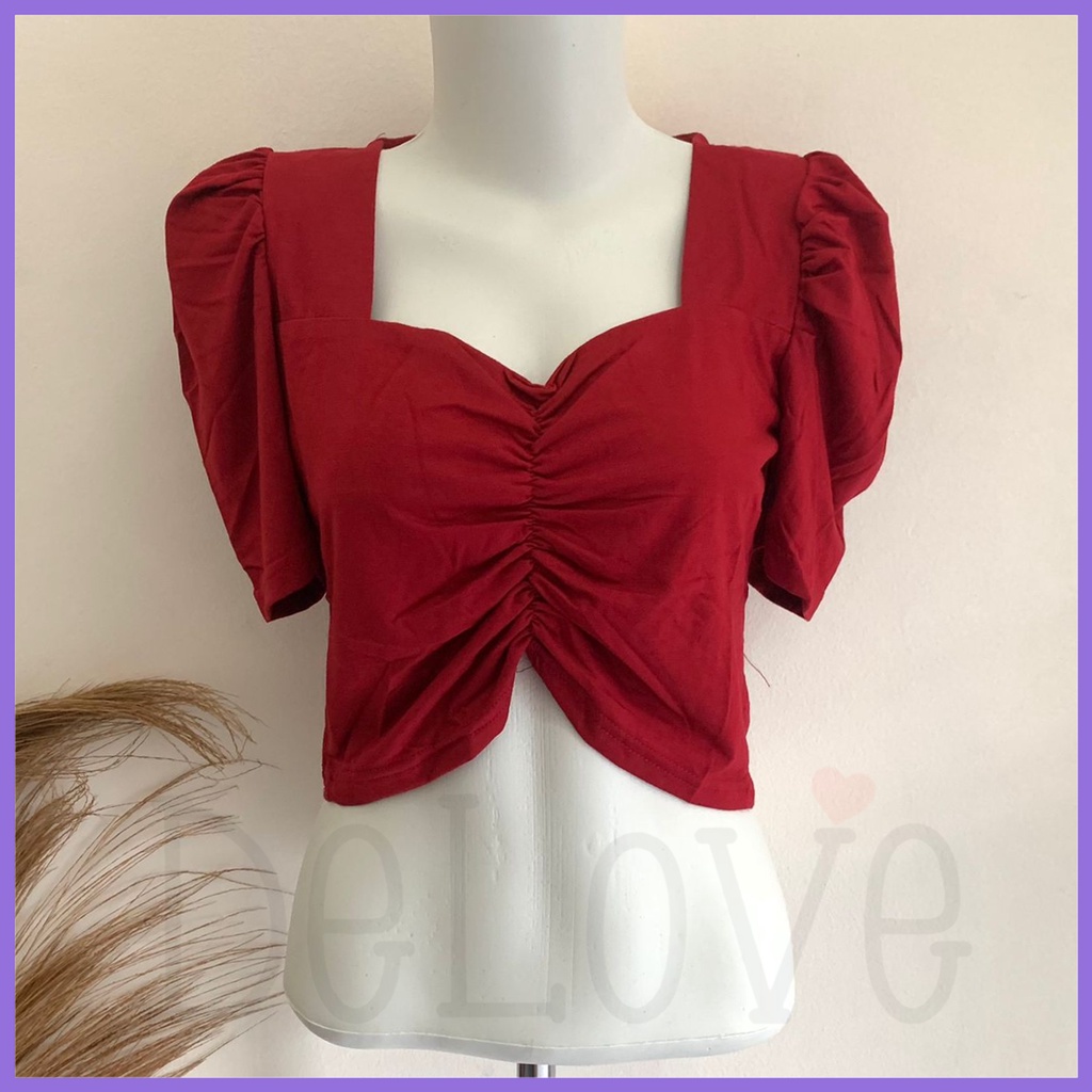 Delove - Tops Crop Top Polos Wrinkle Women Puffy Sleeve/Croptop Polos Wrinkle Front puff Sleeve Wome