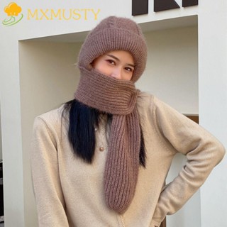 Mxmusty หมวกบีนนี่ ผ้าพันคอ ผ้าขนสัตว์ถัก ให้ความอบอุ่น ป้องกันหู สีพื้น เรียบง่าย แฟชั่นฤดูหนาว สําหรับขี่จักรยาน