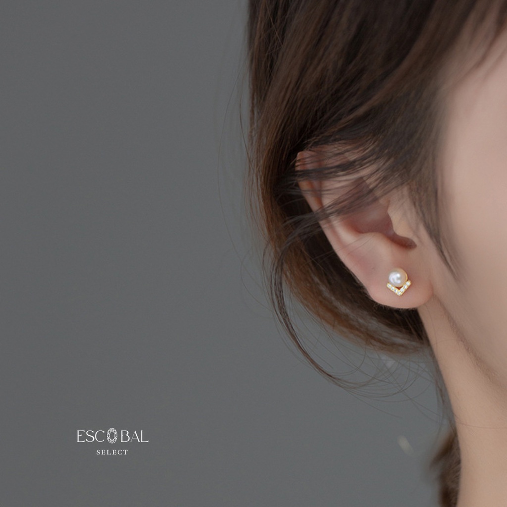 ESCOBAL ต่างหูไข่มุก Pearl V ต่างหูไข่มุก ต่างหูเงินแท้ฝังเพขร ตุ้มหูไข่มุกขาว Valentine วาเลนไทน์
