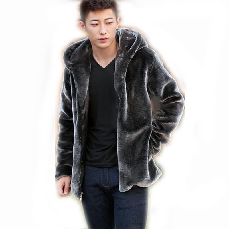 BFashion Winter Mens Faux Fur Mink Fur Coat Short Gray Hooded Coat Warm Overcoat Men Fluffy Plush Coat Male Plus Size Xx #4
