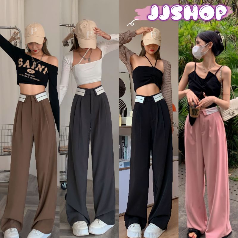 JJ Shop 💜พร้อมส่ง กางเกงเอวสูงขายาว ดีเทลขอบเอวพับ เก๋ๆกำลังมากแรง "D22"-NZ