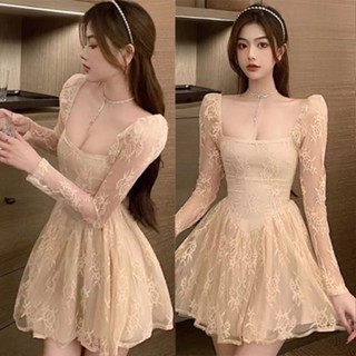 ผู้หญิงฝรั่งเศสย้อนยุคชุดใหม่แขนยาวลูกไม้ทรงเอสั้นชุดเจ้าหญิงมินิเดรสปาร์ตี้อาหารค่ําชุดวันที่