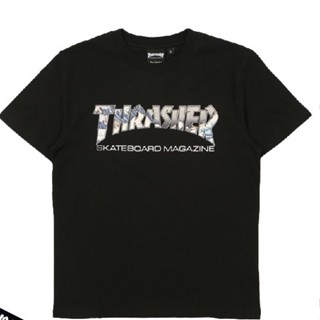 2023 เสื้อยืดแขนสั้นลําลอง ผ้าฝ้าย ทรงหลวม พิมพ์ลาย Thrasher Wave Flame สําหรับผู้ชาย และผู้หญิง