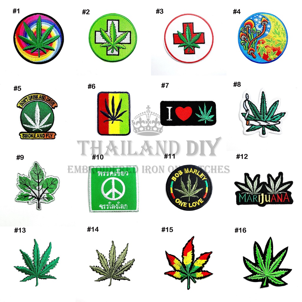 ตัวรีดติดเสื้อ งานปัก ใบกัญชา รูปกัญชา เร็กเก ฮิปปี้ พรรคเขียว Weed Ganja Hippie Patch wop DIY ตัวรี