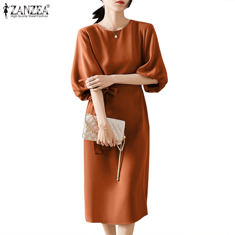 Zanzea ผู้หญิง แฟชั่นเกาหลี หลวม สีพื้น พัฟ แขนเสื้อ คอกลม เข็มขัด ชุดมิดี้