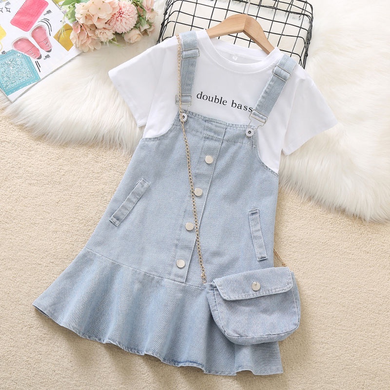 ชุดเดรสยีน แขนสั้น สองชิ้น แฟชั่นฤดูร้อน พร้อมกระเป๋าผ้าเดนิม สําหรับเด็กผู้หญิง 2 ชิ้น