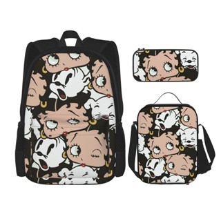 Betty Boop กระเป๋าเป้นักเรียน 3 in 1 สําหรับวัยรุ่น ผู้หญิง พร้อมกระเป๋าใส่อาหารกลางวัน และกล่องดินสอ 3 ชิ้น