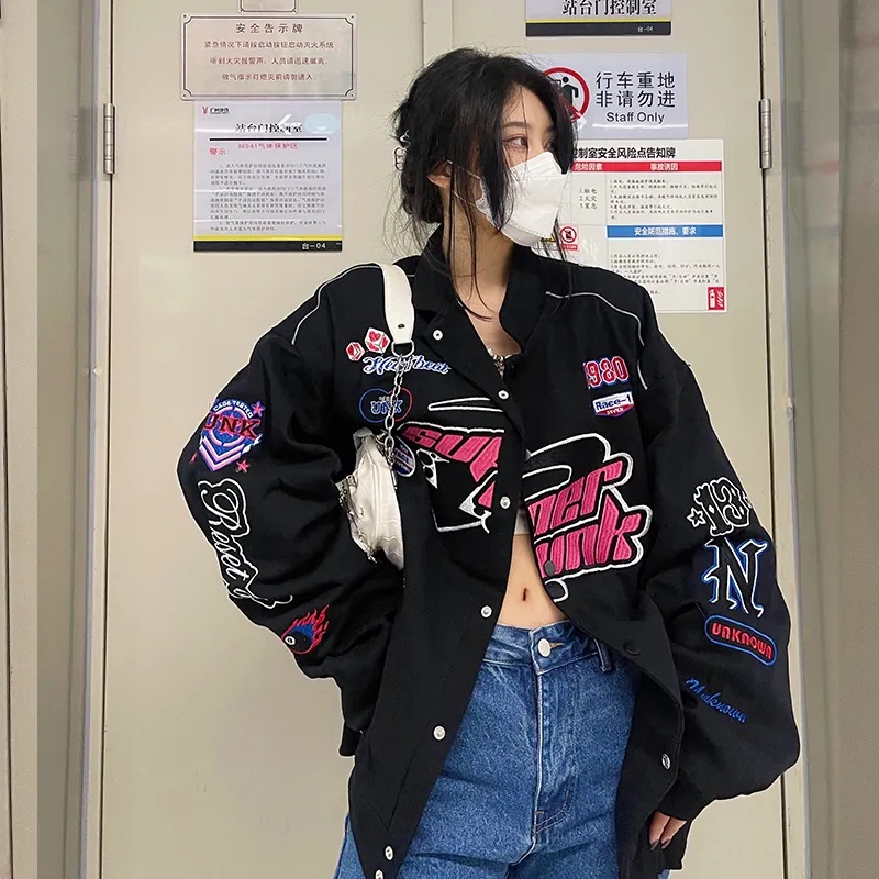 💡🧥เสื้อแจ็กเก็ตเบสบอล แขนยาว ขนาดใหญ่ คุณภาพสูง สไตล์ฮิปฮอป สตรีท แฟชั่นอเมริกัน วินเทจ สําหรับผู้หญ
