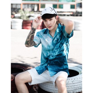 เสื้อเชิ้ตฮาวายแขนสั้นลายหินอ่อน(บลูเซิร์ฟ): Hawaii Blue Surf Marble Shirt(Short-Sleeve)