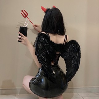 ◄Dark Devil Fallen Angel กลับตกแต่งปีกสีดำผมตกแต่ง Feather Dress Up Props Halloween Headdress Women s Suit