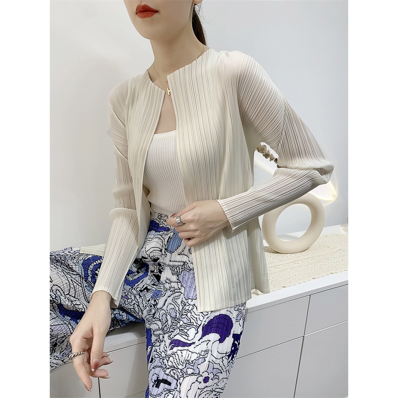 มิยาเกะ แจ็คเก็ตจีบผู้หญิงฤดูใบไม้ผลิฤดูใบไม้ร่วงคาร์ดิแกนซอกผู้หญิงแขนยาวดีงามสบายๆจีบด้านบนแจ็คเก็ตขนาดเล็ก - รูปที่ 5