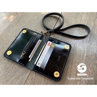 กระเป๋าพับเล็กพร้อมสายคล้องคอหนังแท้แฮนด์เมด เลือกสีเองได้/ตอกชื่อฟรี Wallet with Neck strap/Custom Color/Personalized