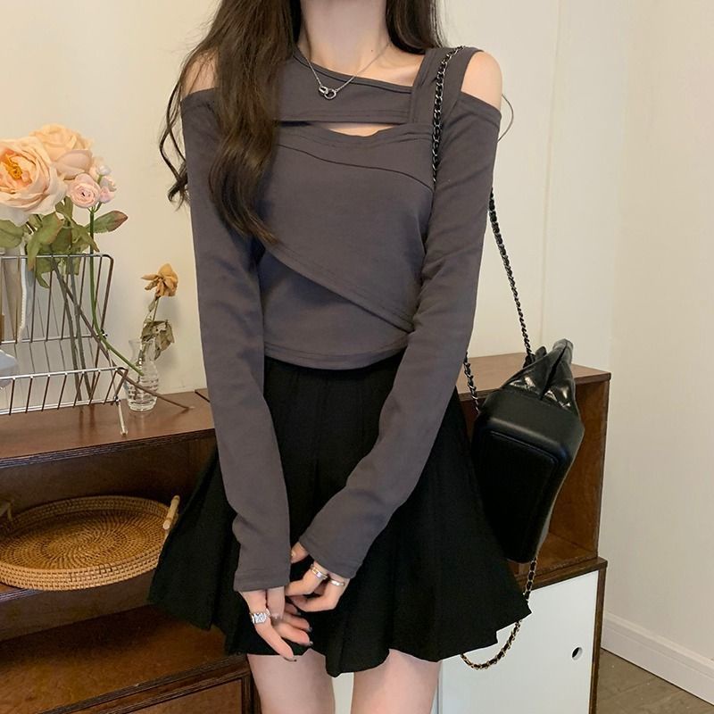 เสื้อยืดเปิดไหล่แขนยาวแฟชั่นสตรีสําหรับฤดูใบไม้ผลิ / ฤดูใบไม้ร่วง