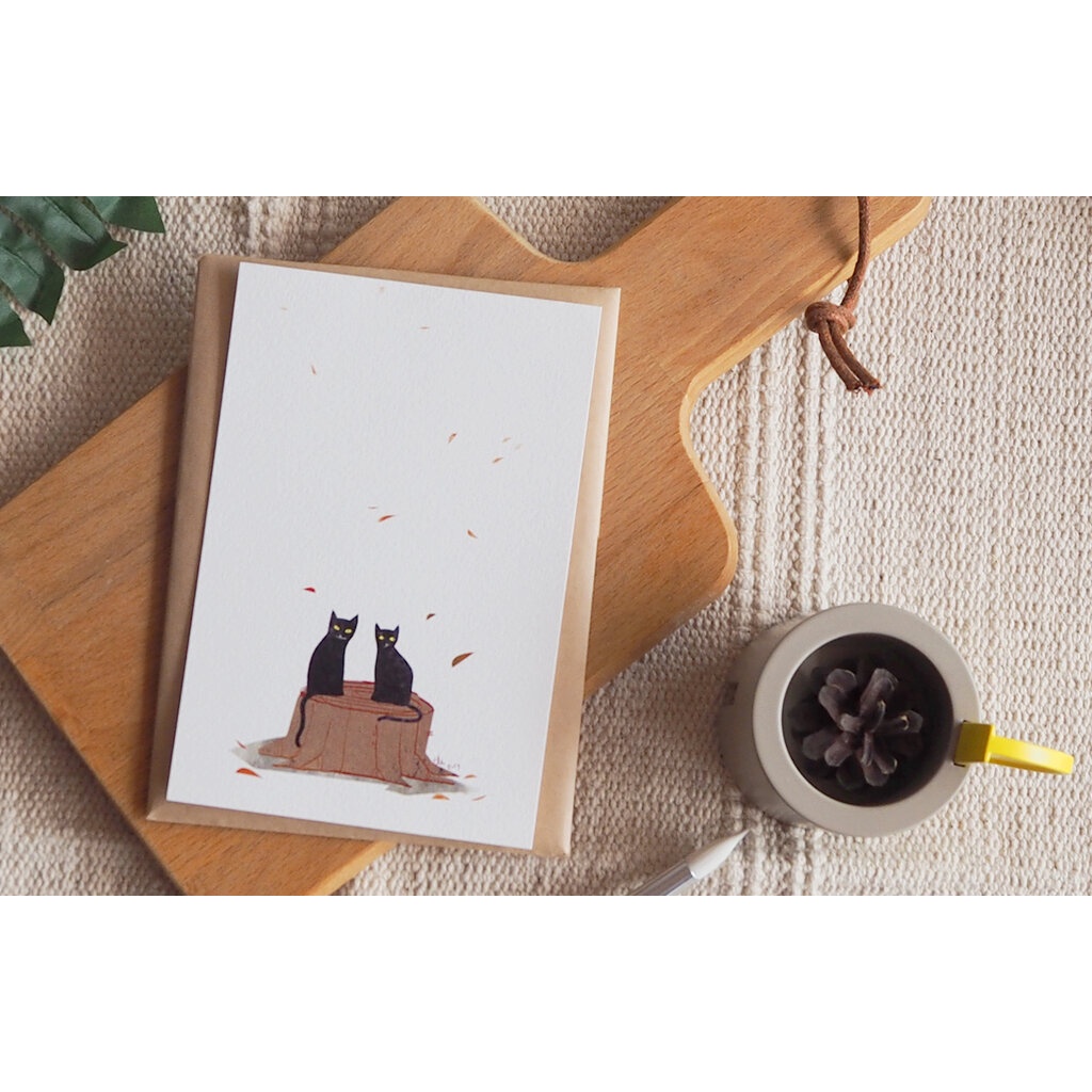 โปสการ์ด ลายแมวขอนไม้ Black Twins Cat illustration postcard 4x6 inch