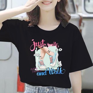 เสื้อยืดแขนสั้น พิมพ์ลาย Just Smile น่ารัก โอเวอร์ไซซ์ สําหรับผู้หญิง