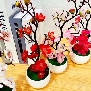 【AG】Simulation Bonsai Realistic Anti Fade Faux Silk Flower Nice-looking Fake Plum Blossom Flower Plant for Home