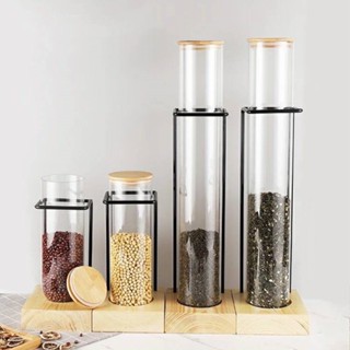 หลอดแก้วใส่กาแฟถัวชาดอกไม้ หลอดโชว์เมล็ดกาแฟ 2.3L/5.0L วัสดุแก้วBorosilicate tube rack glass storage jar with bamboo lid