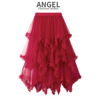 [11 สี] ANGEL แฟชั่นผู้หญิงกระโปรง midi ตาข่ายสีทึบเกาหลียืดหยุ่นสูง A-line สีแดงบางแกว่งขนาดใหญ่กระโปรงตูตูกระโปรงเค้กยาวไม่สม่ําเสมอสําหรับผู้หญิง