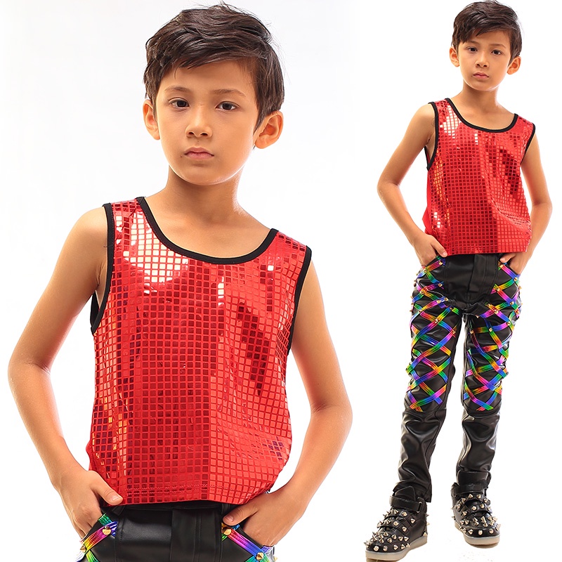 Boy Jazz Performance Costume Singer Children Hip Hop Dancing Clothes Sequin Vest Black T-Shirt Boys Tops Dance Wear DNV1 #8