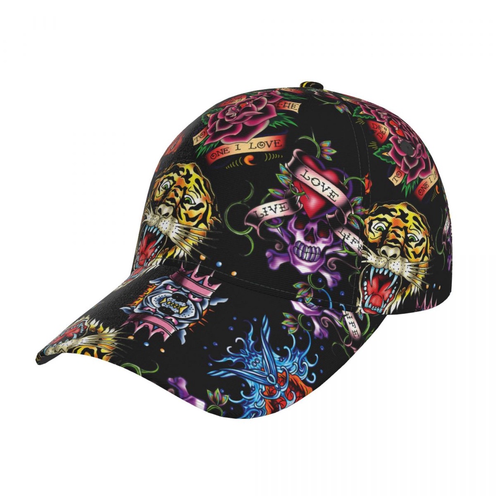 Ed Hardy (5) แฟชั่นโค้ง Brim เบสบอลหมวก Casual Street Dance หมวก All-Match Unisex Sun หมวกเต็มกรอบพิ