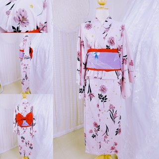 🌸🌸Pink Dahlia Yukata🌸🌸ยูกาตะสีชมพู พร้อมอุปกรณ์ โอบิสำเร็จรูปลายดอกซากุระสีแดง,ดาเตะจิเมะ,ผ้าพันทับโอบิสีม่วง🌸🌸