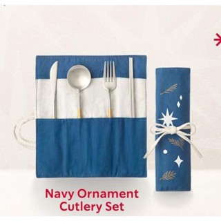 Starbucks Navy Ornament Cutlery Set ชุดช้อน ส้อม มีด ตะเกียบ