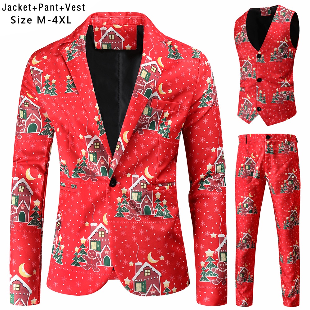 New Mens Christmas Suits Three-piece Cute Cartoon 3D Printed Casual Suit Jacket  Pants Vest 3Pcs Xmas Party Dress 12 Col #1