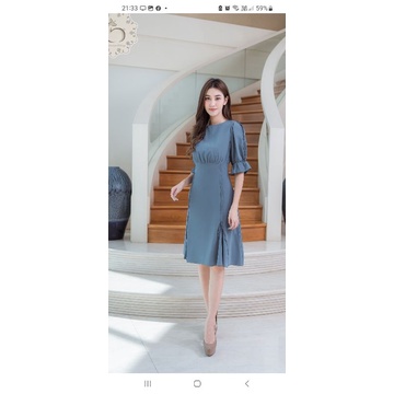 Kalisa brand เดรสสีฟ้าแขนสามส่วน เนื้อผ้าโพลีเอสเตอร์