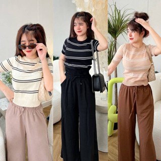 ❤️Set2pcs.❤️สื้อลายริ้ว ผ้า+เกงขาบายเอายืด ผ้าพริ้วทิ้งตัว มีกระเป๋ข้าง
