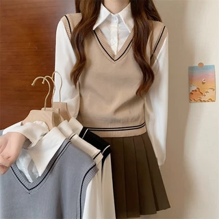 DODO*พร้อมส่ง‍🌺เสื้อเชิ้ตแขนยาวพร้อมเสื้อกั๊กเรียบหรูลุคคุณหนูสุดๆ ให้ฟีลนักเรียนเกาหลี สายเกาหลีเกาใจต้องตำ（03015-5）