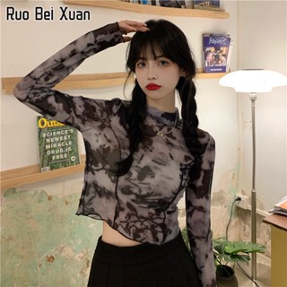 RUO BEI XAUN เสื้อยืดแขนยาวผู้หญิงเกาหลีพิมพ์ลาย Bottoming เสื้อยืดแฟชั่นเสื้อสตรีใหม่