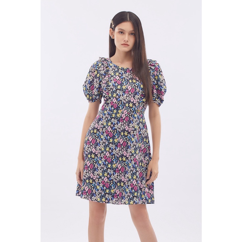 EP เดรสสั้นลายดอกไม้แต่งระบาย ผู้หญิง สีดำ | Floral Print Dress with Ruffle Detail | 00802