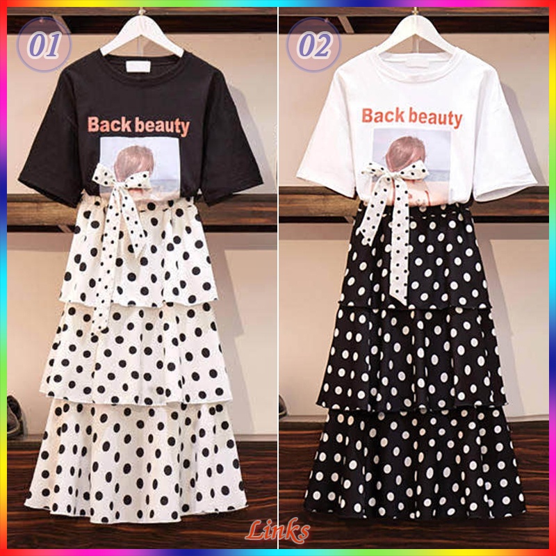ชุดเซทเกาหลี เสื้อ+กระโปรง โบติดเสื้อเก๋ๆ (มีผ้าซับใน) ผ้าและเอวสม็อคยืดได้เยอะ เสื้อ+กระโปรง(1)
