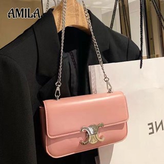 AMILA กระเป๋าหนัง PU สีทึบกระเป๋าแฟชั่นทรงบาแก็ตต์กระเป๋าสะพายร่อซู้ลแบบพกพา