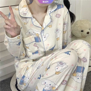 Sanrio Kawaii ชุดนอนเสื้อคาร์ดิแกน แขนยาว กางเกงขายาว ลายการ์ตูน Cinnamoroll น่ารัก แฟชั่นฤดูใบไม้ผลิ ฤดูใบไม้ร่วง สําหรับผู้หญิง [RAIN]