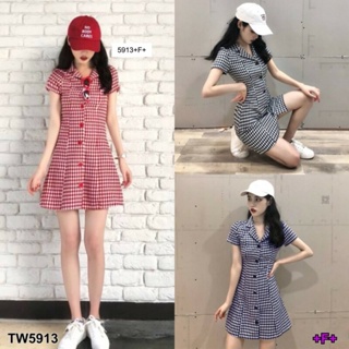 CS5913  เดรสเชิ้ตลายสก็อตผูกเอวหน้า-หลัง  Plaid dress shirt with front and back waist ties