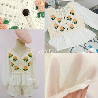 1257💟มือ1 เสื้อถักโครเชท์ ต่อ ผ้าชีฟอง แขนยาว ลายดอกไม้💟