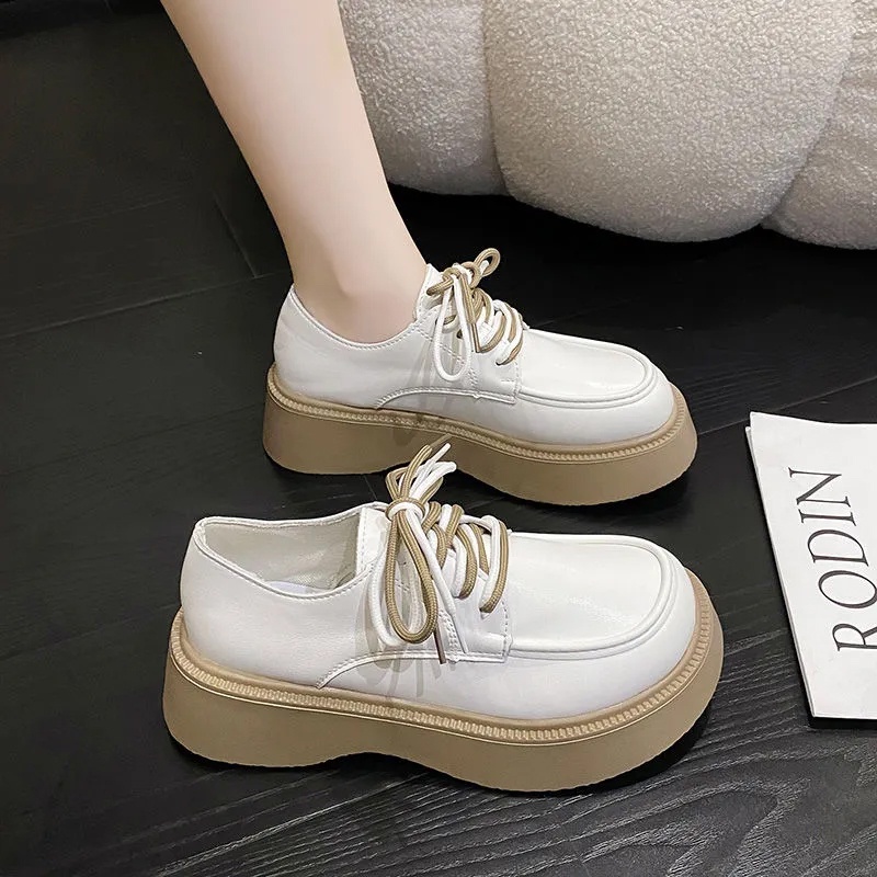 ⚡พร้อมส่ง⚡รองเท้าหนังผู้หญิงพื้นหนาผูกเชือกหัวกลมสวมใส่สบายสไตล์อังกฤษ