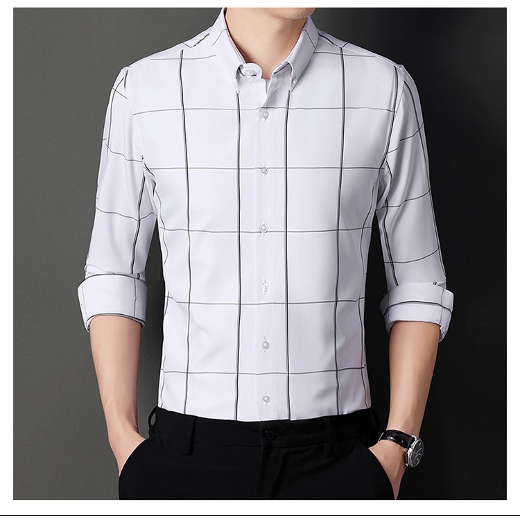 ลําลองไม่ใช่เหล็กลายสก๊อตแขนยาวธุรกิจสลิมฟิตสไตล์เกาหลีชายเสื้อ