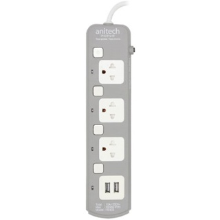 Anitech H5433-GY TIS 3 Socket 3 Switch 2 USB-A Power Strip Grey (8859221720202)