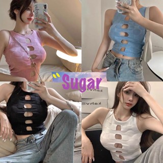 Sugar🌈พร้อมส่ง🌈เสื้อไหมพรม แขนกุด ดีเทลด้านหน้า สุดเซ็กซี่ รัดรูป เสื้อครอป(6790)