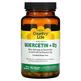 เควอซิติน  Quercetin + Vitamin D3  90 Vegetarian Capsules , Country Life บรรจุขวดแก้ว อเมริกา