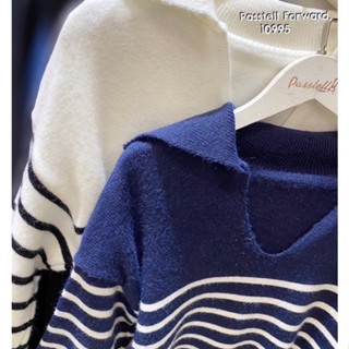 🇰🇷New🇰🇷  Korea stripe knitted sweater  เสื้อหนาวไหมพรมคอปก ลายทางเล็กแขนจั้ม